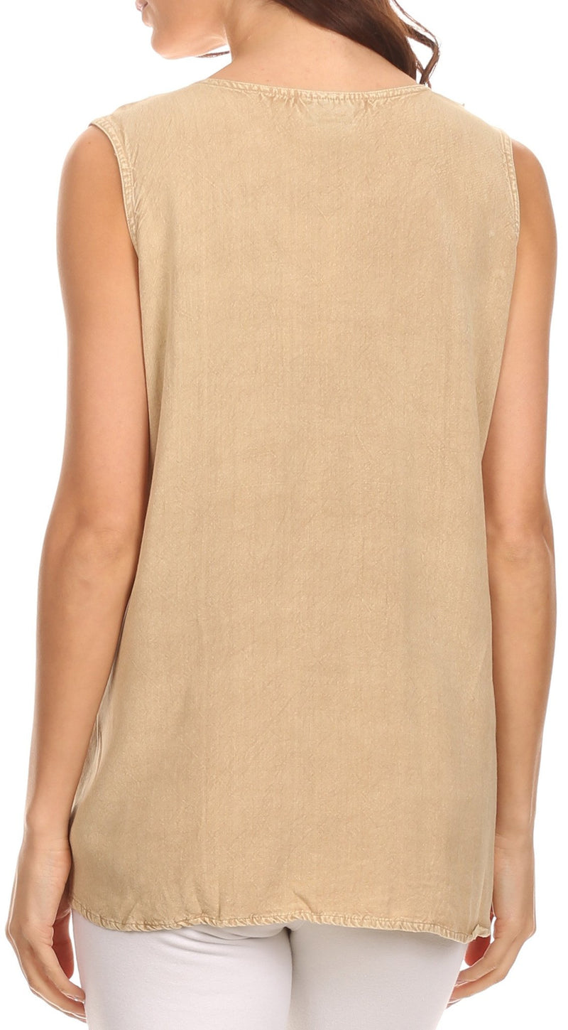 Sakkas Jil Wide Tank Top Sleeveless Embroidered Blouse With Embroidery Lace