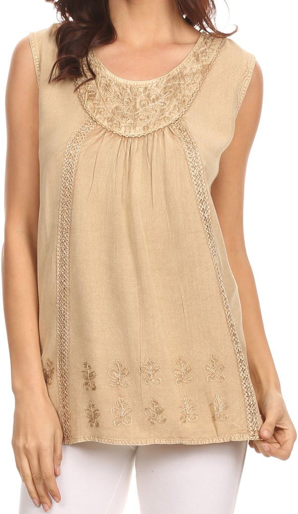 Sakkas Jil Wide Tank Top Sleeveless Embroidered Blouse With Embroidery Lace#color_Beige