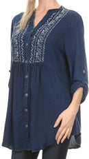 Sakkas Lizbeth V-neck Button Front Adjustable Long Sleeve Embroidered Blouse Top