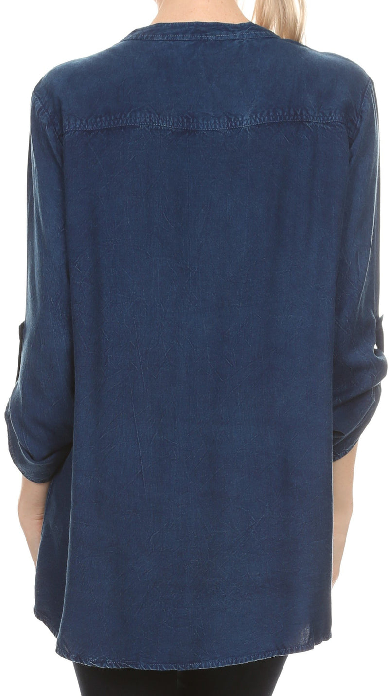 Sakkas Lizbeth V-neck Button Front Adjustable Long Sleeve Embroidered Blouse Top