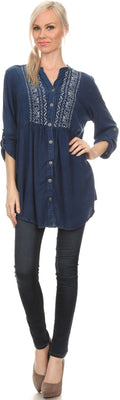 Sakkas Lizbeth V-neck Button Front Adjustable Long Sleeve Embroidered Blouse Top#color_Blue 