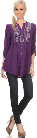 Sakkas Lizbeth V-neck Button Front Adjustable Long Sleeve Embroidered Blouse Top#color_Purple