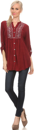 Sakkas Lizbeth V-neck Button Front Adjustable Long Sleeve Embroidered Blouse Top#color_Red 