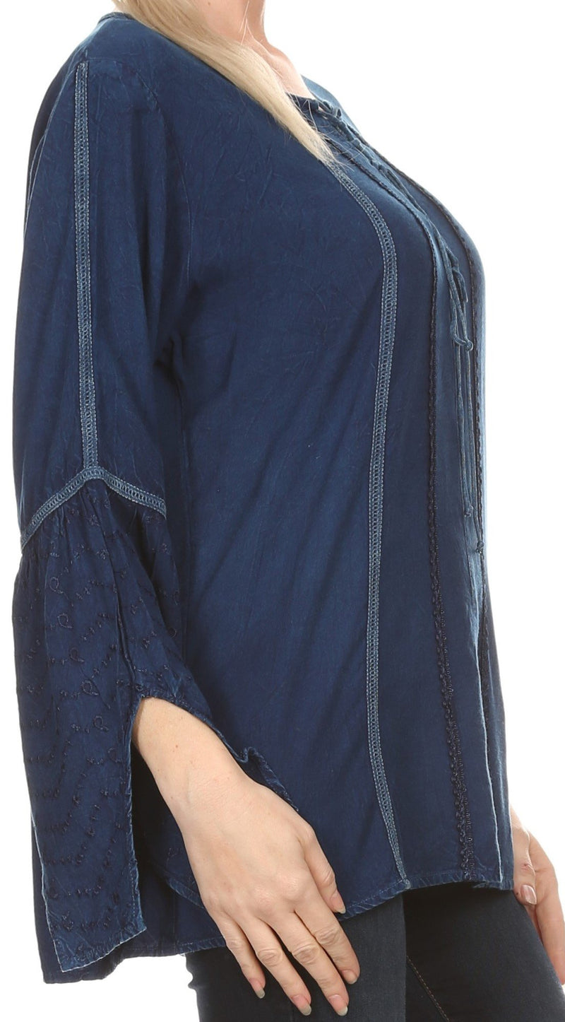 Sakkas Ilsa Corset Tie Neck Embroidered Angel Long Sleeve Shirt Blouse/Top