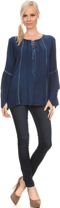 Sakkas Ilsa Corset Tie Neck Embroidered Angel Long Sleeve Shirt Blouse/Top #color_Blue