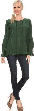 Sakkas Ilsa Corset Tie Neck Embroidered Angel Long Sleeve Shirt Blouse/Top #color_Green