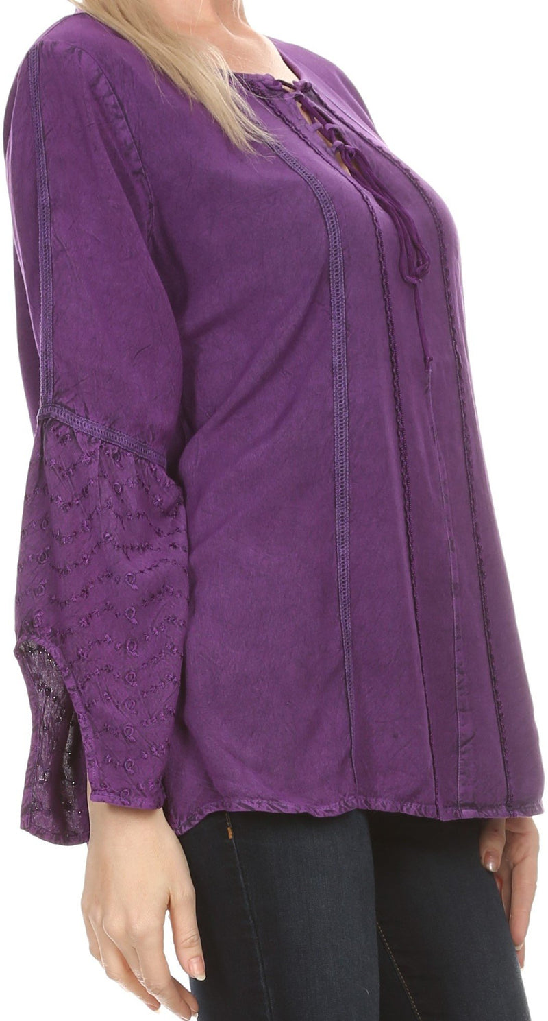 Sakkas Ilsa Corset Tie Neck Embroidered Angel Long Sleeve Shirt Blouse/Top