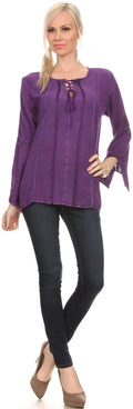 Sakkas Ilsa Corset Tie Neck Embroidered Angel Long Sleeve Shirt Blouse/Top #color_Purple
