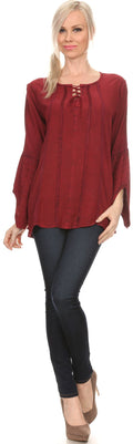 Sakkas Ilsa Corset Tie Neck Embroidered Angel Long Sleeve Shirt Blouse/Top #color_Red