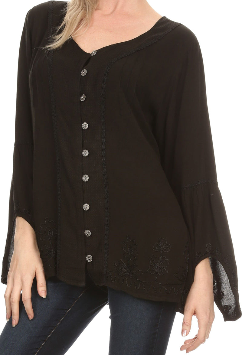 Sakkas Savannah Scoop Neck Button Down Embroiderd Long Sleeve Blouse Top/Shirt