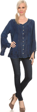 Sakkas Savannah Scoop Neck Button Down Embroiderd Long Sleeve Blouse Top/Shirt #color_Blue
