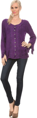 Sakkas Savannah Scoop Neck Button Down Embroiderd Long Sleeve Blouse Top/Shirt #color_Purple