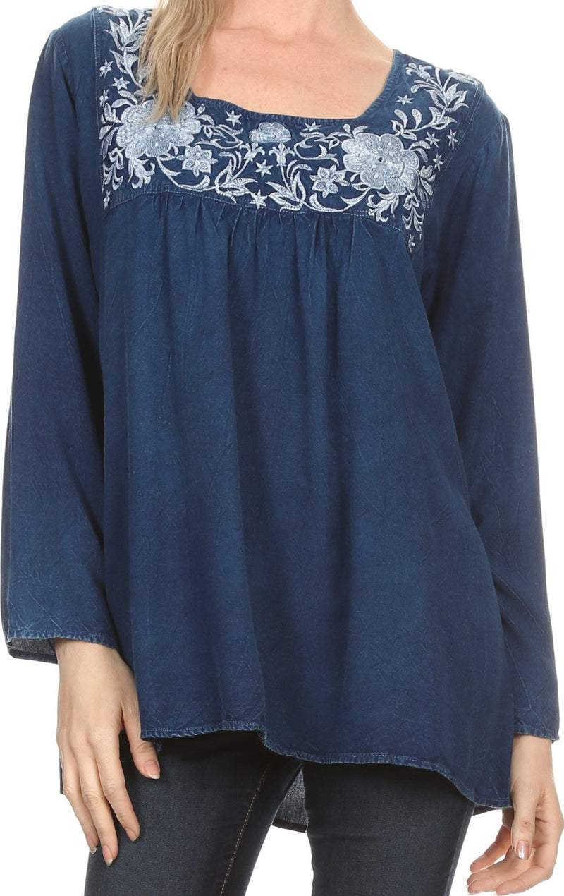 Sakkas Leiah Scoop U-Neck Line Floral Embroidered Long Sleeve Blouse Top/Shirt