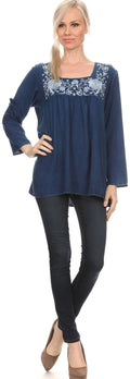 Sakkas Leiah Scoop U-Neck Line Floral Embroidered Long Sleeve Blouse Top/Shirt#color_Blue