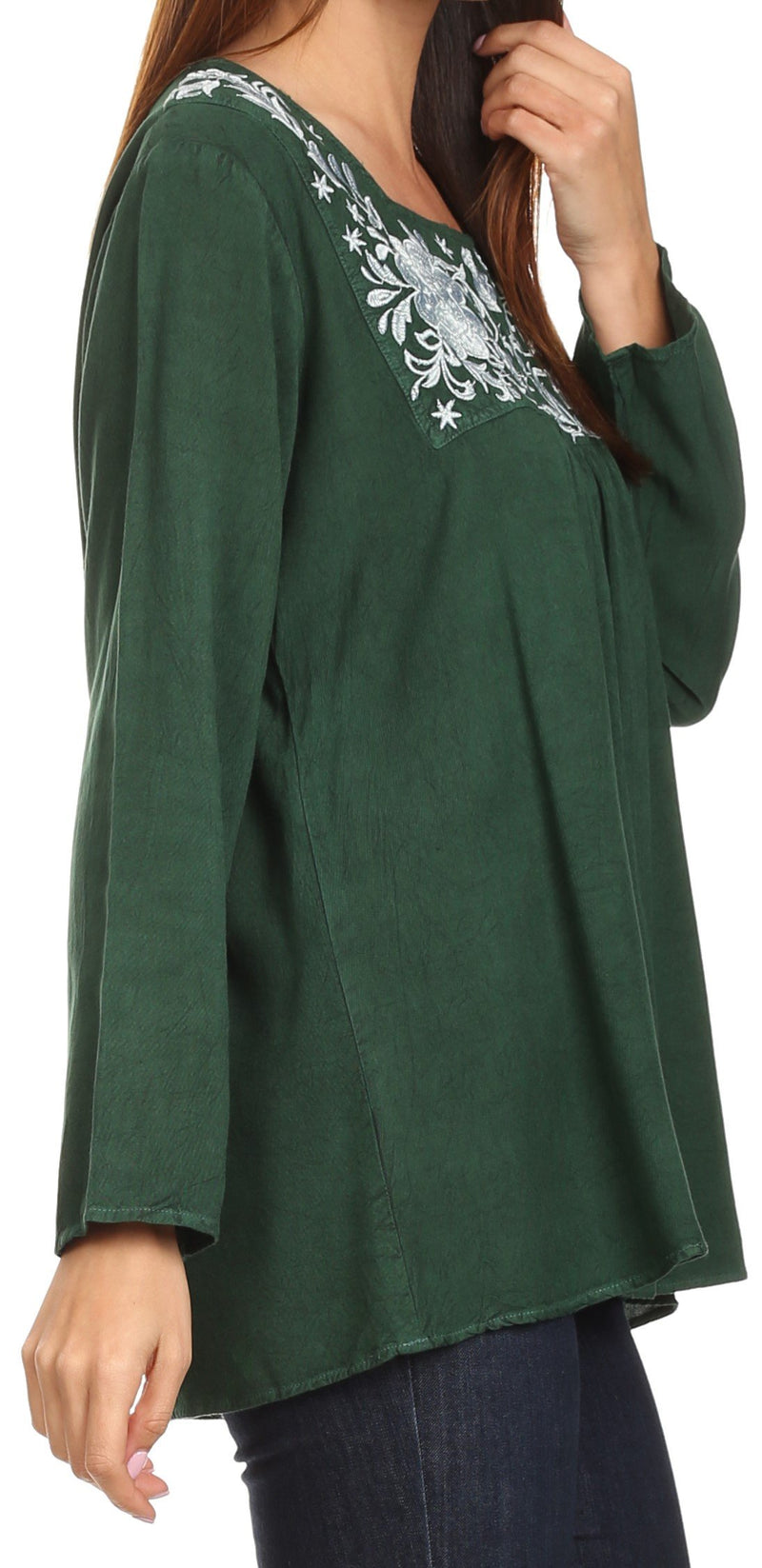 Sakkas Leiah Scoop U-Neck Line Floral Embroidered Long Sleeve Blouse Top/Shirt