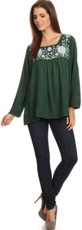 Sakkas Leiah Scoop U-Neck Line Floral Embroidered Long Sleeve Blouse Top/Shirt#color_Green