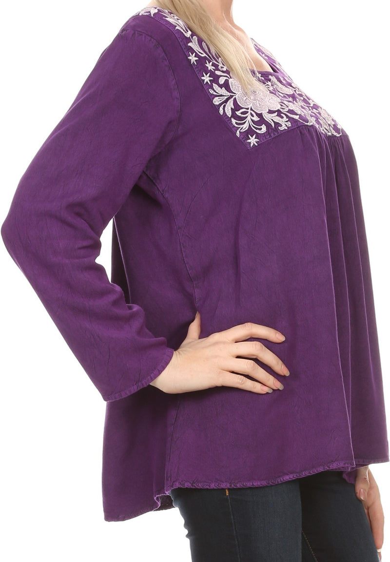 Sakkas Leiah Scoop U-Neck Line Floral Embroidered Long Sleeve Blouse Top/Shirt