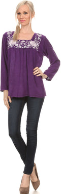 Sakkas Leiah Scoop U-Neck Line Floral Embroidered Long Sleeve Blouse Top/Shirt#color_Purple