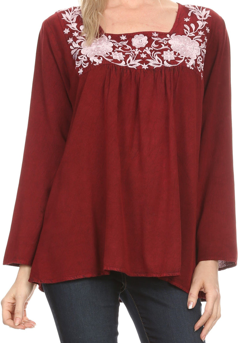 Sakkas Leiah Scoop U-Neck Line Floral Embroidered Long Sleeve Blouse Top/Shirt