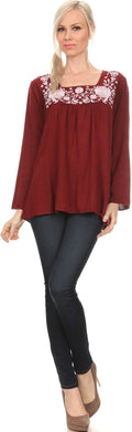 Sakkas Leiah Scoop U-Neck Line Floral Embroidered Long Sleeve Blouse Top/Shirt#color_Red