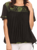 Sakkas Alexi Wide Floral Embroidered Blouse Shirt Top With Wide Neck Cap Sleeves #color_ Black / Green