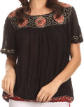 Sakkas Alexi Wide Floral Embroidered Blouse Shirt Top With Wide Neck Cap Sleeves #color_ Black / Red