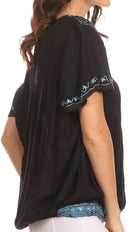 Sakkas Alexi Wide Floral Embroidered Blouse Shirt Top With Wide Neck Cap Sleeves