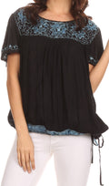 Sakkas Alexi Wide Floral Embroidered Blouse Shirt Top With Wide Neck Cap Sleeves #color_ Black / Turq