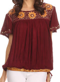 Sakkas Alexi Wide Floral Embroidered Blouse Shirt Top With Wide Neck Cap Sleeves #color_ Chocolate / Burg