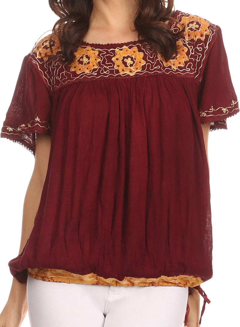 Sakkas Alexi Wide Floral Embroidered Blouse Shirt Top With Wide Neck Cap Sleeves