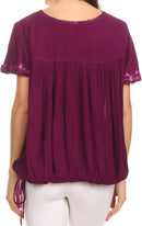 Sakkas Alexi Wide Floral Embroidered Blouse Shirt Top With Wide Neck Cap Sleeves