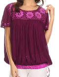 Sakkas Alexi Wide Floral Embroidered Blouse Shirt Top With Wide Neck Cap Sleeves #color_ Fuscia / Burg