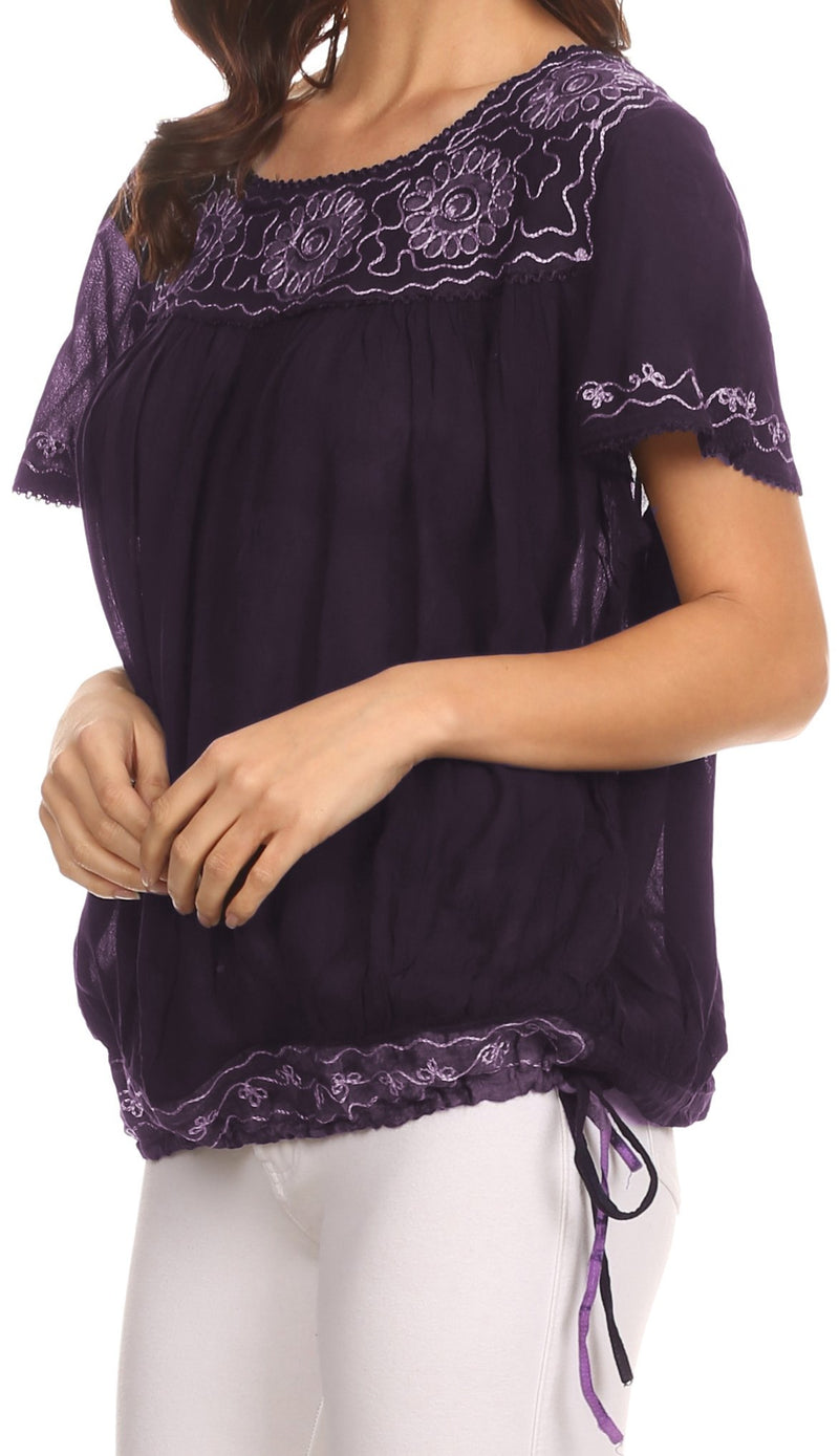 Sakkas Alexi Wide Floral Embroidered Blouse Shirt Top With Wide Neck Cap Sleeves