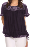 Sakkas Alexi Wide Floral Embroidered Blouse Shirt Top With Wide Neck Cap Sleeves #color_ Navy / Purple