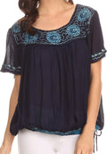 Sakkas Alexi Wide Floral Embroidered Blouse Shirt Top With Wide Neck Cap Sleeves #color_ Navy / Turq