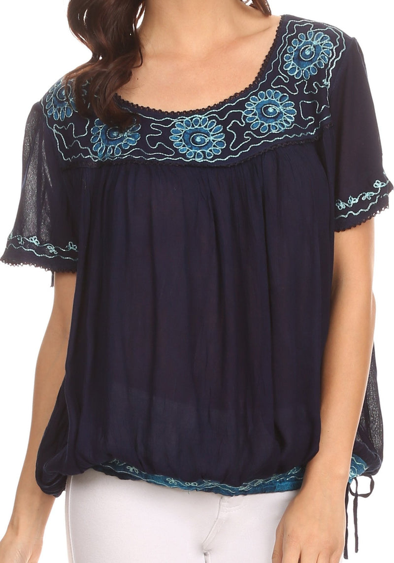 Sakkas Alexi Wide Floral Embroidered Blouse Shirt Top With Wide Neck Cap Sleeves