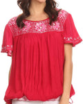 Sakkas Alexi Wide Floral Embroidered Blouse Shirt Top With Wide Neck Cap Sleeves #color_ Raspberry