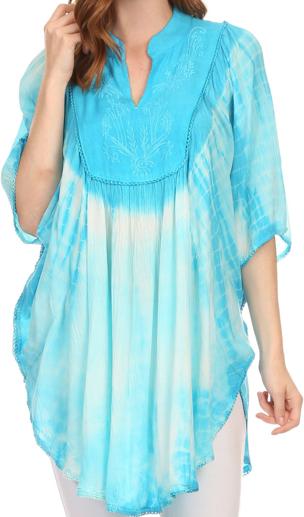 Sakkas Martina Delicate Embroidered Tie Dye Poncho Top / Cover Up#color_Baby Blue