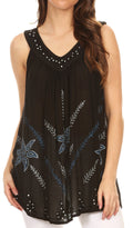 Sakkas Tara V Neck Sleeveless Soft Crinkled Embroidered Casual Tank Top Blouse#color_Black