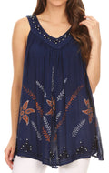 Sakkas Tara V Neck Sleeveless Soft Crinkled Embroidered Casual Tank Top Blouse#color_Blue