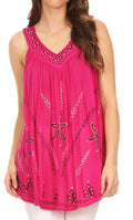 Sakkas Tara V Neck Sleeveless Soft Crinkled Embroidered Casual Tank Top Blouse#color_Fuchsia