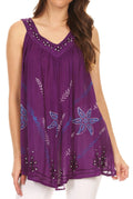 Sakkas Tara V Neck Sleeveless Soft Crinkled Embroidered Casual Tank Top Blouse#color_Purple