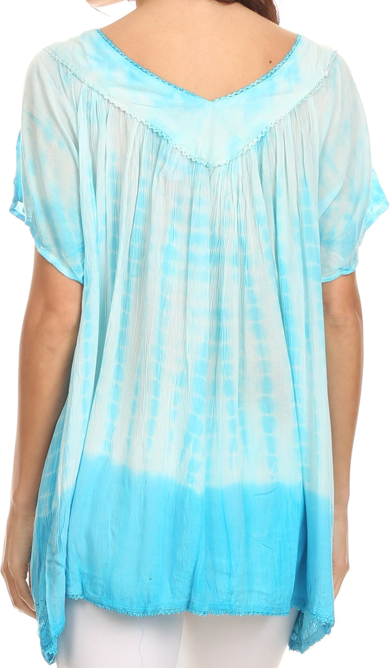 Sakkas Bee  Embroidered V-Neck Blouse Shirt Top With Tie Dye Floral Embroidery