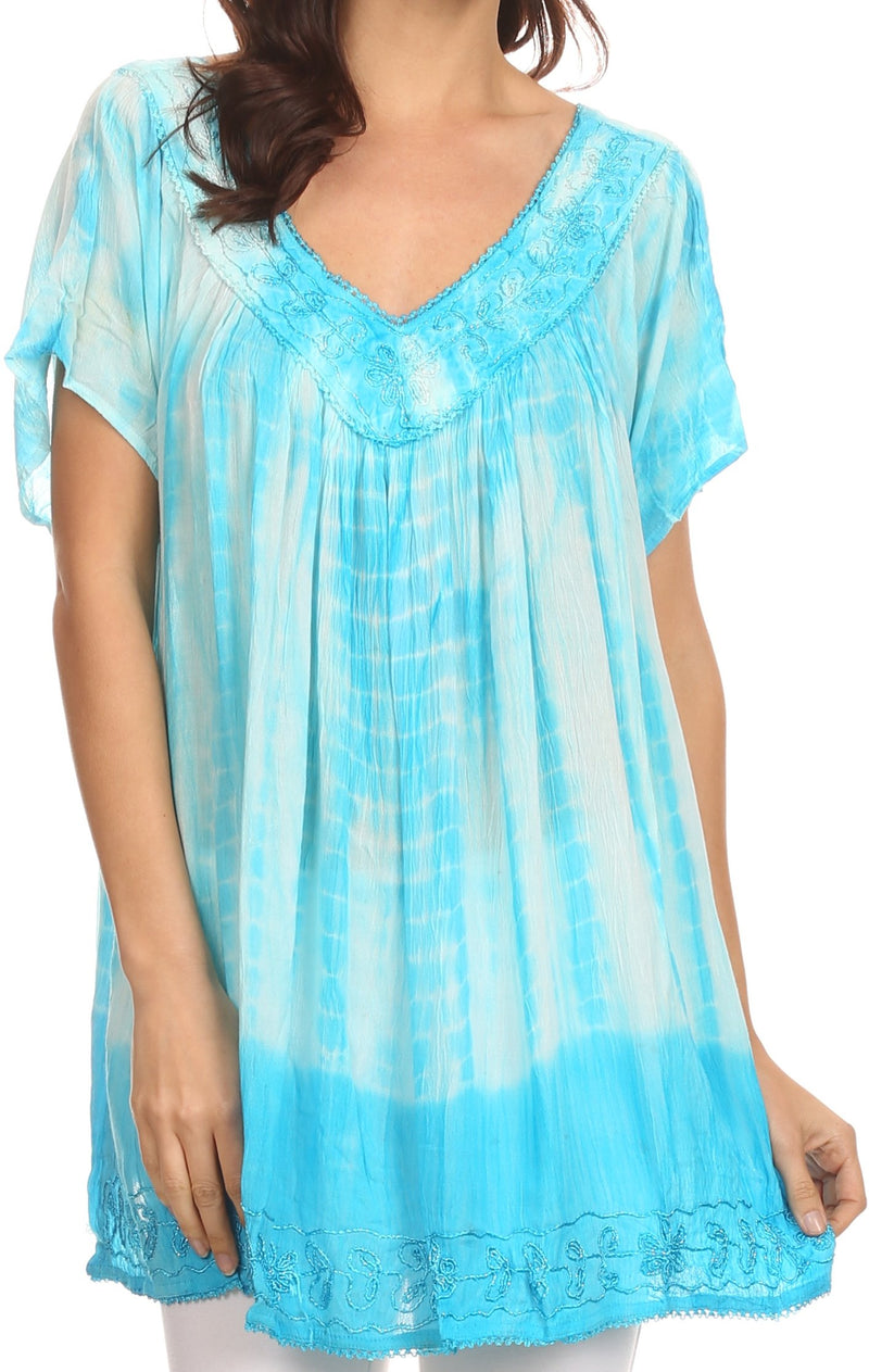 Sakkas Bee  Embroidered V-Neck Blouse Shirt Top With Tie Dye Floral Embroidery