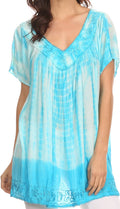 Sakkas Bee  Embroidered V-Neck Blouse Shirt Top With Tie Dye Floral Embroidery #color_ Turq