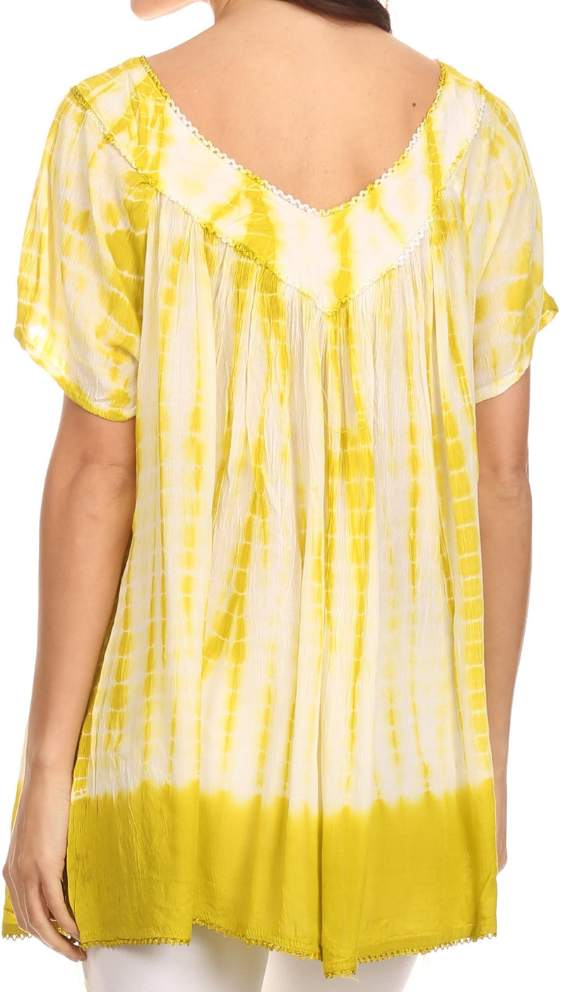 Sakkas Bee  Embroidered V-Neck Blouse Shirt Top With Tie Dye Floral Embroidery