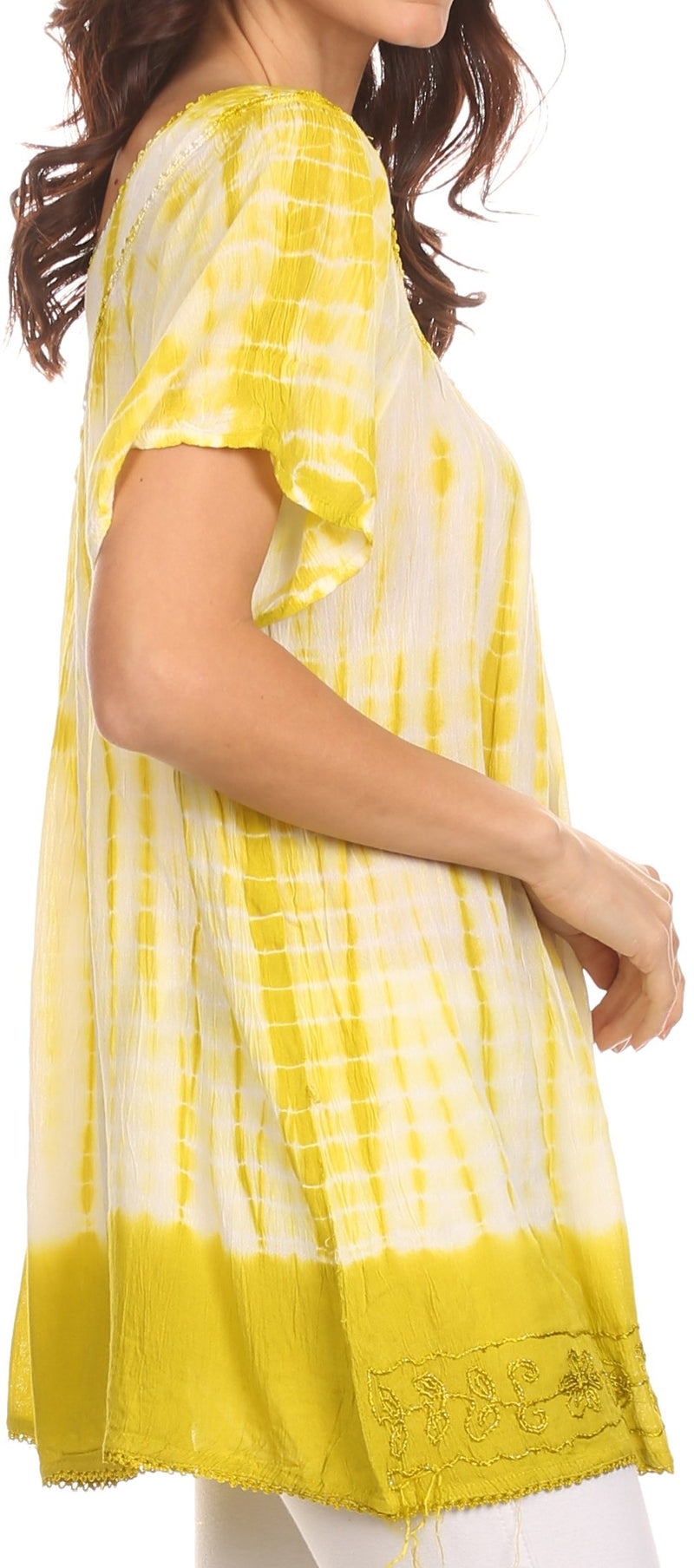 Sakkas Bee  Embroidered V-Neck Blouse Shirt Top With Tie Dye Floral Embroidery