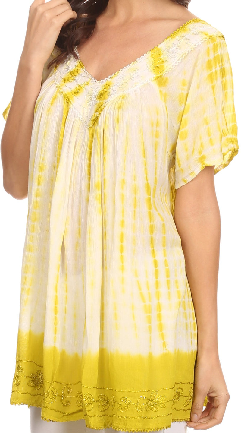 Sakkas Bee  Embroidered V-Neck Blouse Shirt Top With Tie Dye Floral Embroidery