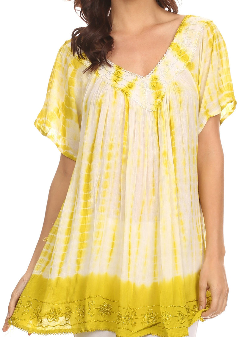 Sakkas Bee  Embroidered V-Neck Blouse Shirt Top With Tie Dye Floral Embroidery