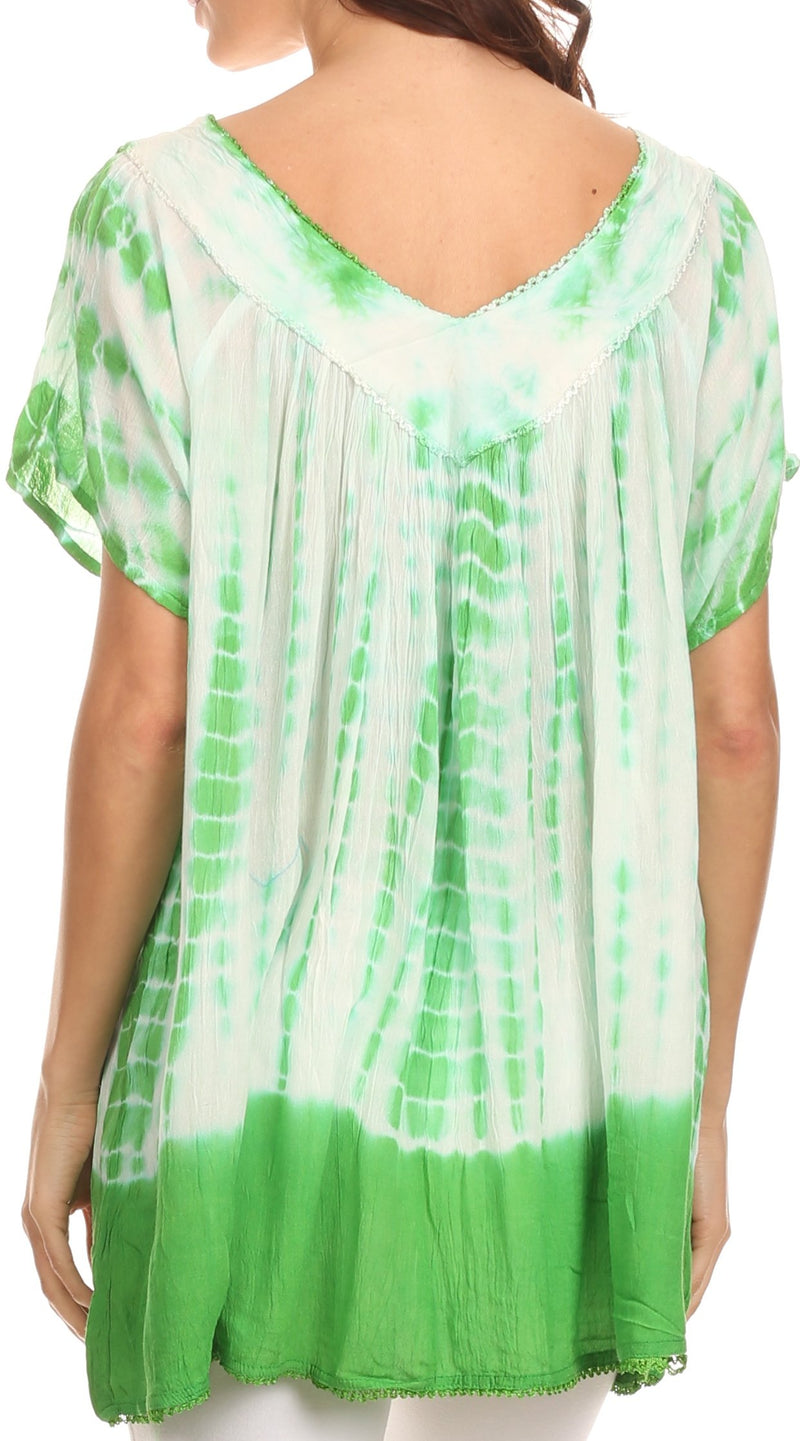 Sakkas Bee  Embroidered V-Neck Blouse Shirt Top With Tie Dye Floral Embroidery